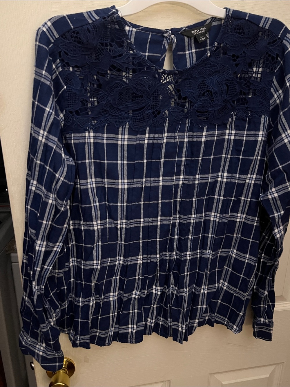 Soft Surroundings Navy and White Plaid Lace-Yoke Blouse